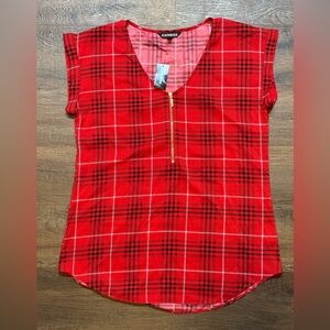 Express Top Red,Black and White Plaid V-Neck Blouse Sz(M)